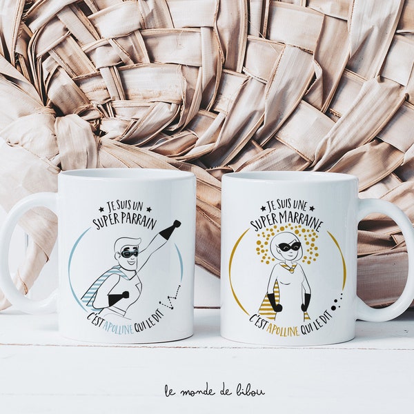 Duo de Mugs personnalisables Super héros Parrain et Super Marraine | Cadeaux parrain marraine | supers héros | Baptême | Communion