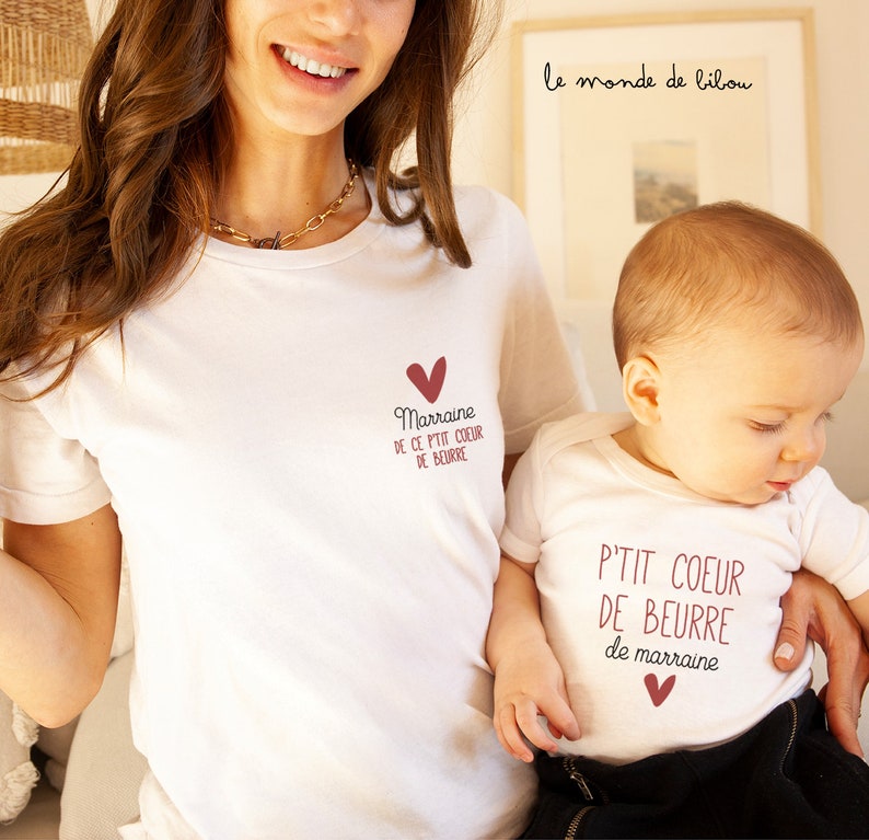 T-shirts marraine et filleul e duo teeshirts marraine filleule P'tit cœur de beurre cadeau marraine annonce marraine image 3