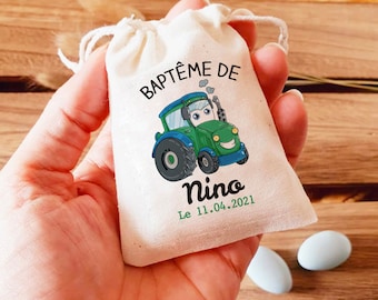 Sac pochon dragées personnalisé thème tracteur et camion | cadeaux invités | Baptême | cadeaux Communion | cadeaux naissance - ballotin