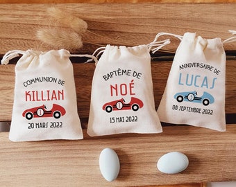 Sac pochon dragées personnalisé thème voiture course | cadeaux invités | Baptême | cadeaux Communion | cadeaux naissance - sac pochon