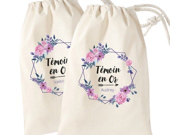 Sac pochon personnalisé | témoin en or | cadeaux témoin | sac souvenir | champêtre | cadeau mariage