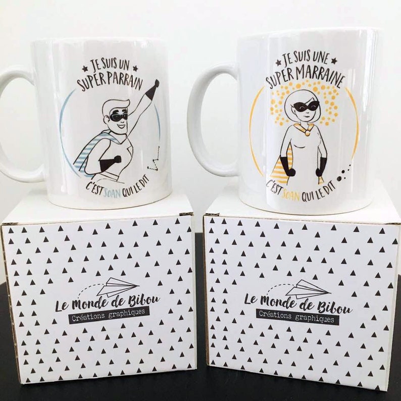 Duo de Mugs personnalisables Super héros Parrain et Super Marraine - Créatrice ETSY : lemondedebibou