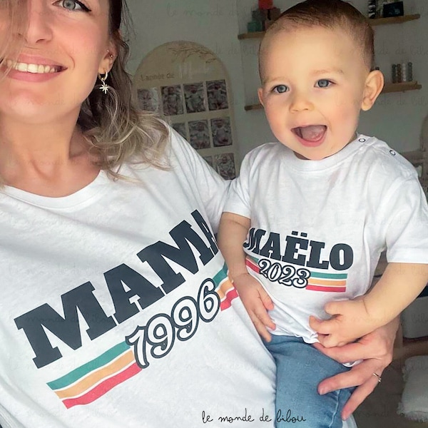 Duo de t-shirts année de naissance pour toute la famille - teeshirt famille papa maman - cadeau jeunes parents - t-shirt bébé personnalisé