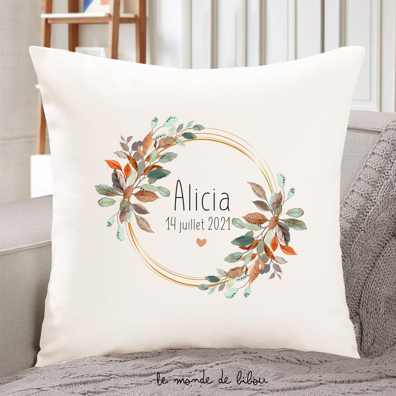 Coussin de Naissance Personnalisé Couronne Végétale d'automne