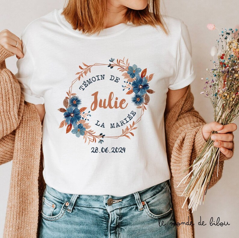 T-shirt enterrement vie de jeune fille personnalisé t-shirt team mariée ou encore sac tote bag team mariée EVJF couronne de fleurs T-shirt témoin