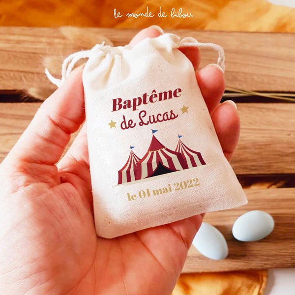 Sac pochon dragées personnalisé thème cirque | cadeaux invités | Baptême | cadeaux Communion | cadeaux naissance - sac pochon