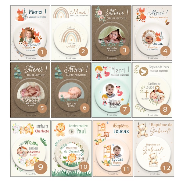 Magnet personnalisé pour Baptême, Communion, Baby Shower - 24 modèles au choix -  Cadeau souvenir invité personnalisable Baptême