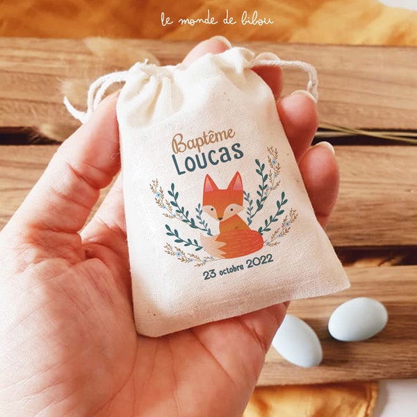 Sac pochon dragées personnalisé thème renard | cadeaux invités | Baptême | cadeaux Communion | cadeaux naissance - mini pochon