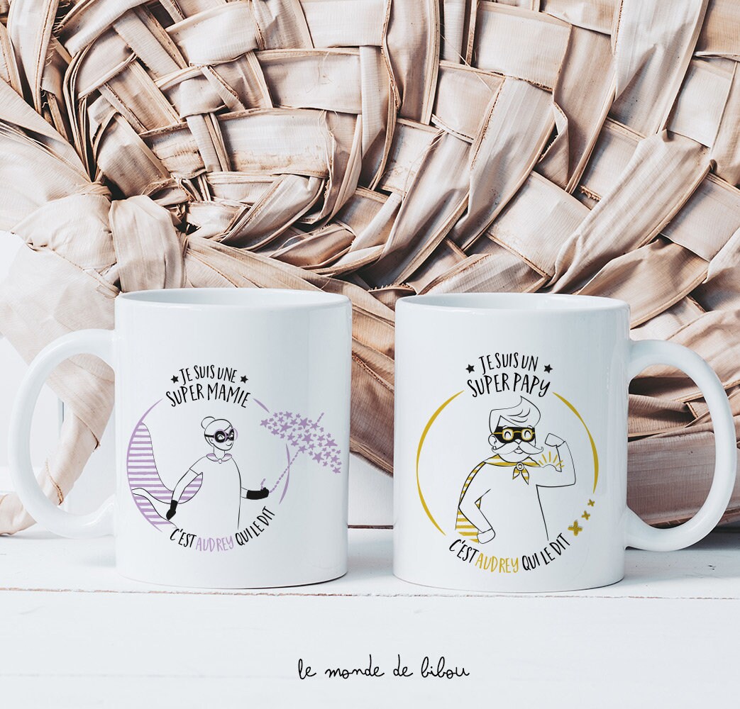 Duo de Mugs Papy Mamie Super Héros - Cadeau Papy Mamie Personnalisé Tasses Grands-Pères et Grands-Mè