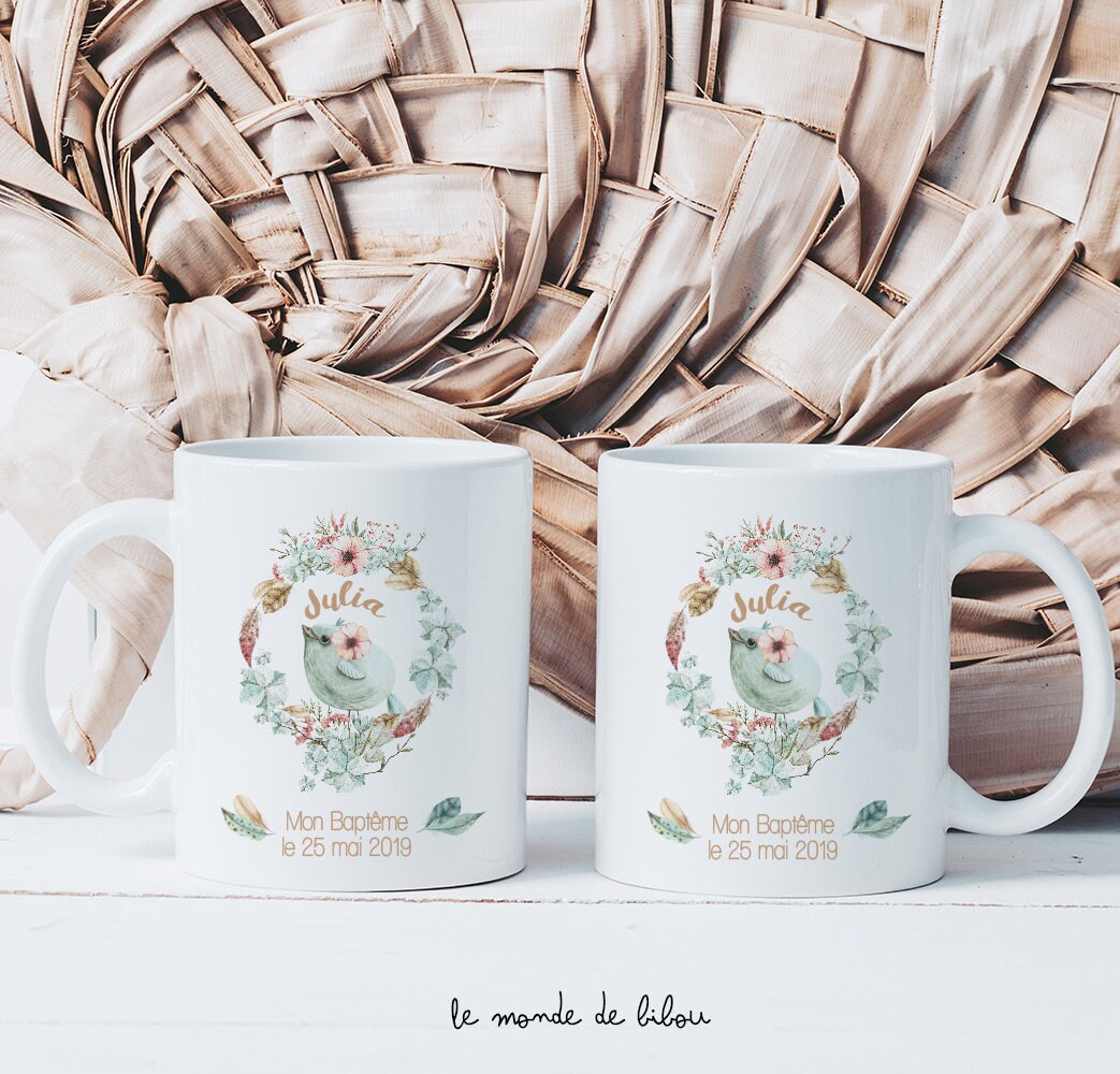 Duo de Mugs Parrain Marraine Joli Oiseau | Cadeaux Parrain Marraine 2 Tasses Personnalisées Baptême 
