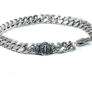 Men&#39;s Stainless Steel with Sterling Silver Miraculous Medal Link Consecration Bracelet, True Devotion to Mary Chain, Man Marian Consecration