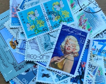 50 Piece Blue Theme Vintage World Stamps - Scrapbooking Ephemera - Junk Journal - Snail Mail - Vintage Stamps - Stamp Pack - Bulk Stamps