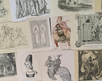 Pacote de papel vintage com tema medieval de 24 peças - coisas efêmeras para scrapbooking - diário de lixo - colagem - coisas efêmeras de papel - desenhos de cavaleiros e castelos