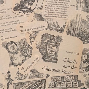 Roald Dahl's Charlie e a Fábrica de Chocolate Pacote de papel vintage com mais de 25 peças - Pacote de sucata - Junk Journal - Coisas efêmeras - Álbum de recortes