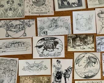 Pacote de papel vintage com tema de fadas e magia de 44 peças - coisas efêmeras para scrapbooking - diário de lixo - colagem - coisas efêmeras de papel - desenhos de animais