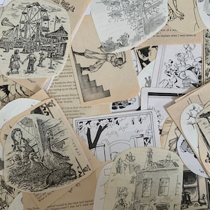 Paquete de papel vintage de libro de cuentos para niños en blanco y negro de 105 piezas - Enid Blyton - Roald Dahl - Charlottes Web - Scrapbooking Ephemera