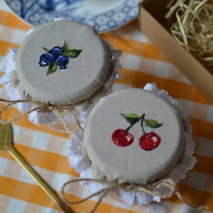 Handmade Embroidered Jam Jar Lid Cover: Raspberry, Bee, Lavender