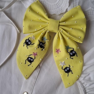 Embroidered Soot Spirits Linen Hair Bow: Cottagecore Anime Gift for Girls