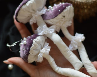 Hand-Sewn Purple Velvet Mushroom Ornament: Beaded Christmas Decor