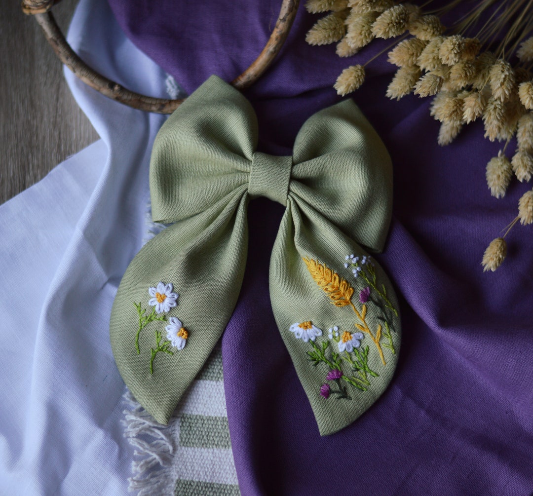 Handmade Linen Bow With Floral Meadow Embroidery - Etsy