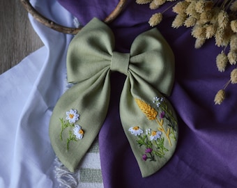 Bow with flower meadow embroidery, Handmade bow, Embroidery, Floral embroidery, Embroidery of a flower meadow.