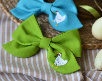 Bow with hen embroidery, Bow, Hen, Handmade bow, Bow with embroidery, Embroidery, Hen embroidery, Bow for a child, Birthday Gift.