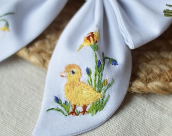 Hand Embroidered Duck Hair Bow: Linen Spring Accessory