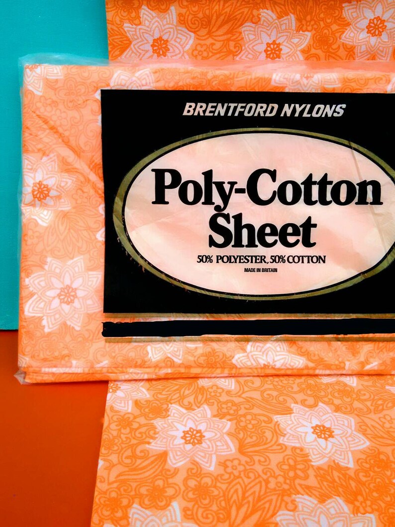pillowcase New 70s SET Brentford Nylons single sheet non iron cotton blend unused mint condition NOS deadstock nearly neon orange