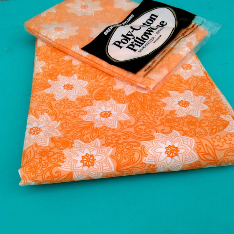 pillowcase New 70s SET Brentford Nylons single sheet non iron cotton blend unused mint condition NOS deadstock nearly neon orange