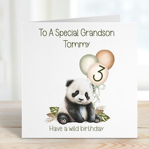 Petit-fils 3ème carte d'anniversaire, 3ème carte d'anniversaire pour petit-fils 3ème, personnalisé petit-fils 3ème carte d'anniversaire, Safari Panda Design