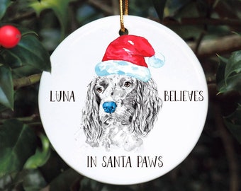 Personalised Dog Bauble, Santa Paws Christmas Tree Decoration, Pet Christmas Bauble, Personalised Dog Ornament, Springer Spaniel Bauble