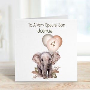 Biglietto di auguri per il 4° compleanno del figlio personalizzato, 4° biglietto di compleanno per ragazze o ragazzi, biglietto di compleanno selvaggio personalizzato Safari Jungle, biglietto di elefante