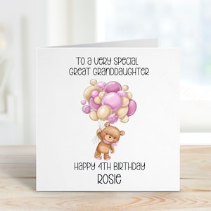 Carte d'anniversaire personnalisée d'arrière-petite-fille, carte d'ours et de ballons, tout âge, 1er, 2e, 3e, 4e, carte de 1er anniversaire d'arrière-petite-fille