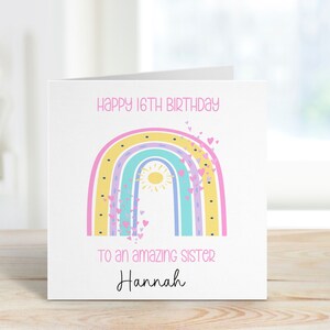 Soeur 16e anniversaire carte, carte personnalisée 16e anniversaire pour elle, n’importe quel âge, 1er, 2e, 3e, 4e, carte d’anniversaire grande nièce, carte arc-en-ciel