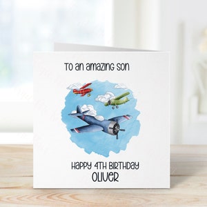 Cartão de aniversário personalizado para filho, cartão de aniversário com tema de avião, qualquer idade, 1º, 2º, 3º, 4º, 5º, 6º, 7º, 8º, 9º, 10º cartão de aniversário