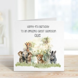 Carte d'anniversaire personnalisée d'arrière-petit-fils, carte d'anniversaire sur le thème de Safari, tout âge, 1er, 2e, 3e, 4e, 5e, 6e carte d'anniversaire d'arrière-petit-fils