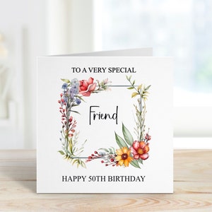 Tarjeta de cumpleaños de amigo personalizada, tarjeta de cumpleaños con marco floral para ella, tarjeta de cualquier edad 30, 40, 50, 60, 70, 80, 90