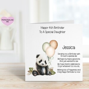 Dochter 4e verjaardagskaart, verjaardagskaart voor dochter, kaart elke leeftijd, 1e, 2e, 3e, 4e, 5e, 6e, gepersonaliseerde kaart, pandakaart, gedichtkaart