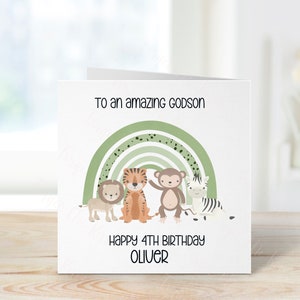 Carte d'anniversaire personnalisée de filleul, carte d'anniversaire de thème de jungle, n'importe quel âge, 1ère, 2ème, 3ème, 4ème, 5ème, 6ème carte d'anniversaire