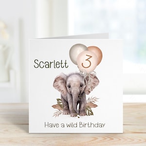 Biglietto di compleanno personalizzato per il 3° compleanno, biglietto di 3° compleanno per ragazze o ragazzi, biglietto di compleanno selvaggio personalizzato Safari Jungle, biglietto di elefante