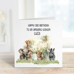 Carte d'anniversaire personnalisée grand filleul, carte d'anniversaire thème Safari, tout âge, 1er, 2e, 3e, 4e, 5e, 6e carte d'anniversaire grand filleul