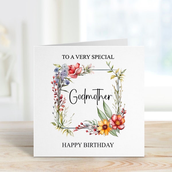 Personalised Godmother Birthday Card, Floral Frame Birthday Card For Her