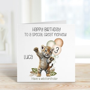 Grand neveu 3ème carte d'anniversaire, 3ème carte d'anniversaire pour grand neveu, 3ème carte d'anniversaire personnalisée, carte d'anniversaire Tiger Cub, n'importe quelle carte d'âge