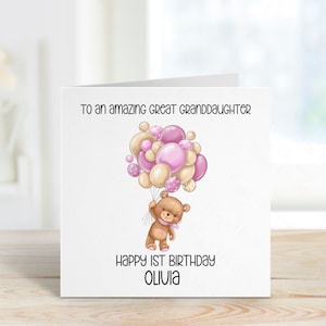 Carte d'anniversaire personnalisée d'arrière-petite-fille, carte d'ours et de ballons, tout âge, 1er, 2e, 3e, 4e, carte de 1er anniversaire d'arrière-petite-fille