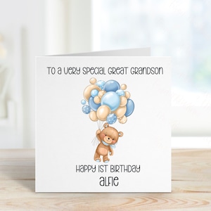 Carte d'anniversaire personnalisée d'arrière-petit-fils, carte d'ours et de ballons, tout âge, 1er, 2e, 3e, 4e, carte de 1er anniversaire d'arrière-petit-fils
