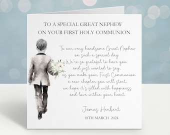 Personalised Holy Communion Card For Great Nephew, 1st Communion Card For Son, Communion Card Great Grandson, For A Special Little Boy