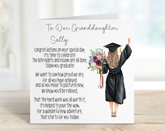 May include: A graduation card featuring a black and white illustration of a woman in a graduation cap and gown holding a bouquet of flowers. The card reads "To Our Granddaughter Sally Congratulations on your special day, It's time to celebrate! The late nights and essays are all done, Today you graduate! We want to say how proud we are, For all you have achieved. And as you move to pastures new, We know you'll be relieved, That the hard work was all worth it, It's helped to pave the way. For a wonderful new adventure, That starts for you today!"