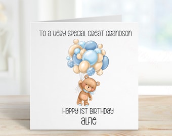 Tarjeta de cumpleaños personalizada para bisnieto, con oso y globos, para cualquier edad (1.º, 2.º, 3.º o 4.º cumpleaños).