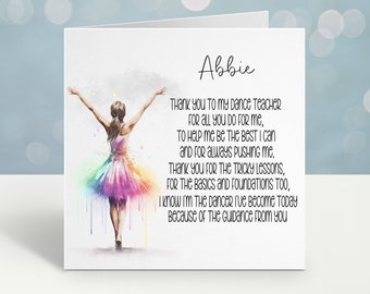 Dance Teacher Card, Thank You Teacher Card, Card For Dance Teacher, Teacher Gift, Personalised Teacher Card