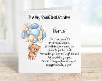 Great Grandson 1st Birthday Card, 1st Birthday Card For Great Grandson, Personalised Great Grandson 1st Birthday Card